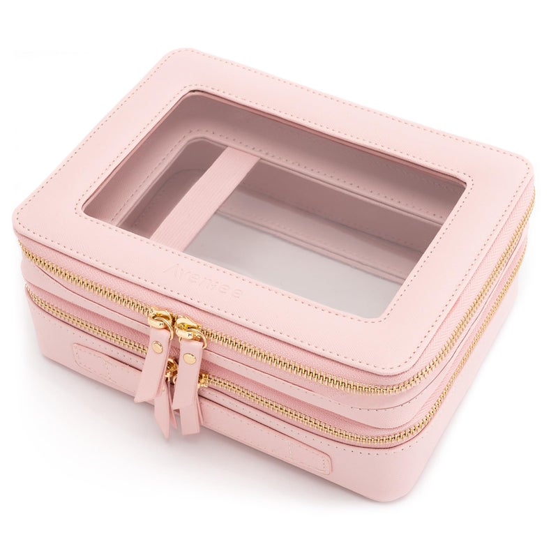Aveniee XL Clear Makeup Organizer,Double Layer Travel Cosmetic Case with Brush Holder & Zippered Compartments, Large Toiletry Bag Train Case for Women,2 Layers, Pink - Image 1